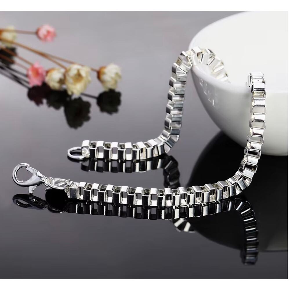 925 Stamped Silver 20CM Bracelet for man woman classic 4MM box chain - Picture 2 of 4